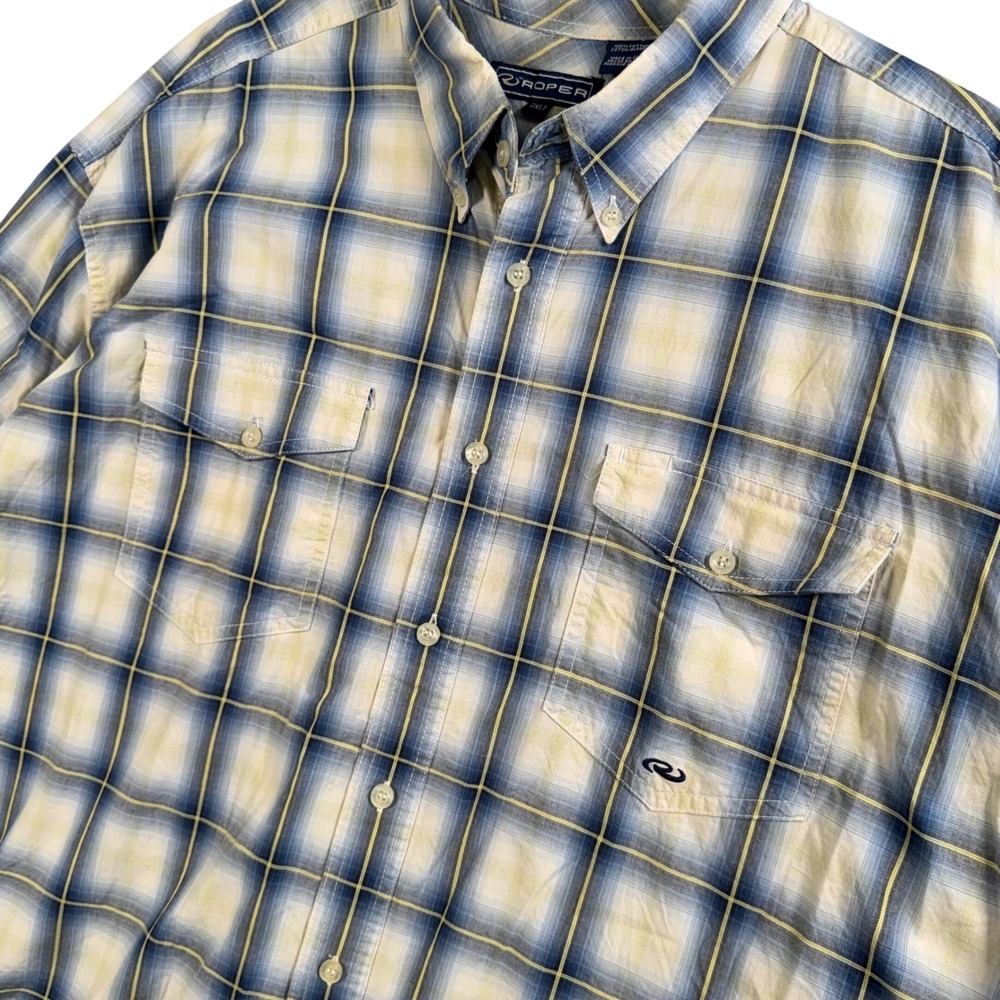 Roper Plaid Button Down Shirt Mens 2XLT Blue Cream Western Long Sleeve Cotton